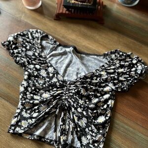 No Boundaries Black and White Ruched Puff Sleeve Blouse